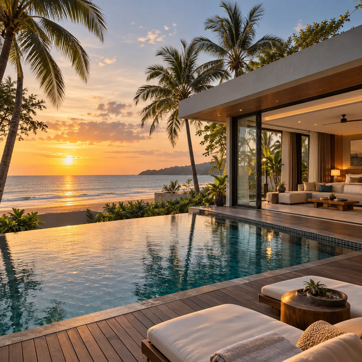 Modern beachfront pool villa on Bang Tao Beach, Phuket, at golden hour